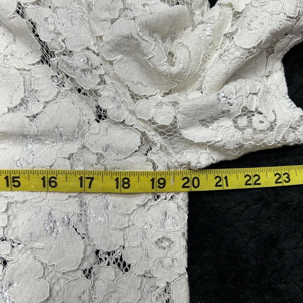 WAYF Women's Lace Puff Sleeve Top L Cream Key Hole Tie Neck - Picture 12 of 16